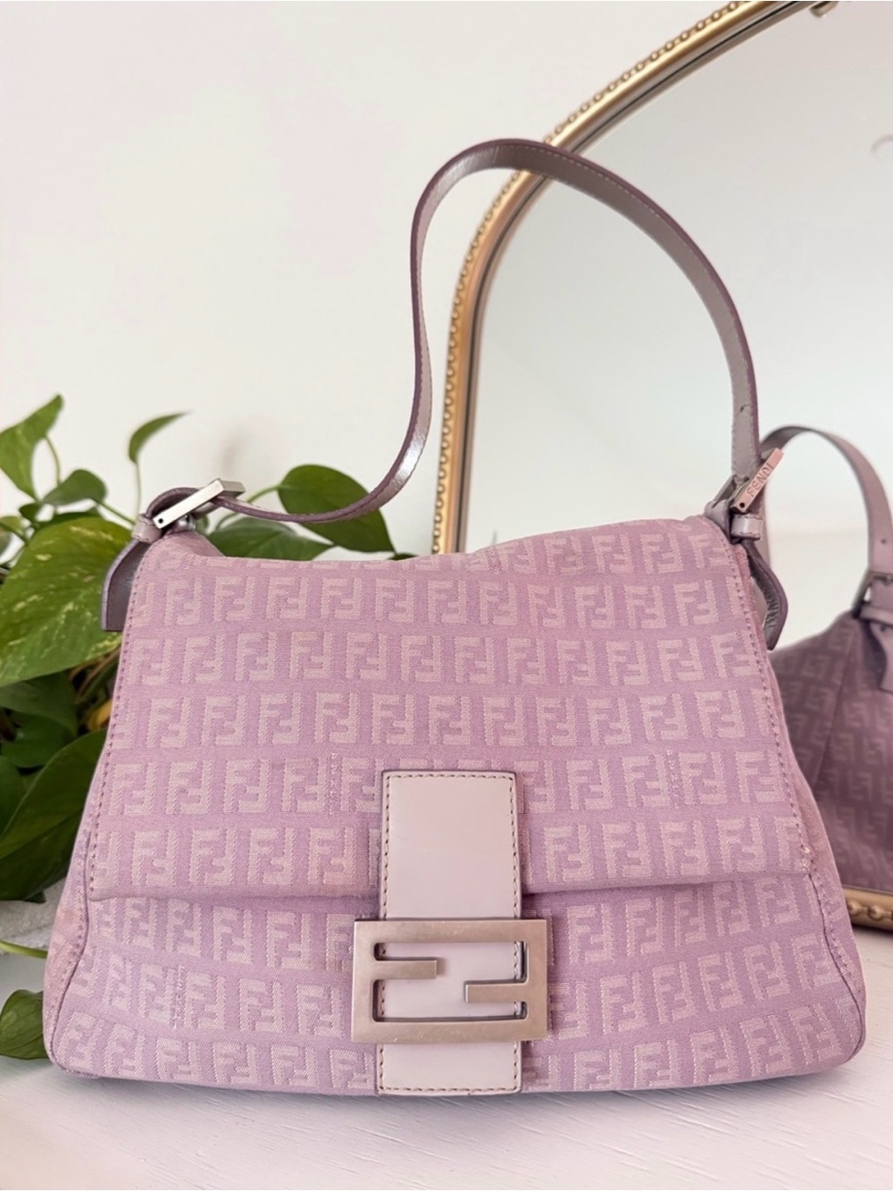 Vintage Fendi Mama Baguette RARE Lilac Zucca FF Shoulder Bag Authentic W/ COA - Picture 3 of 11